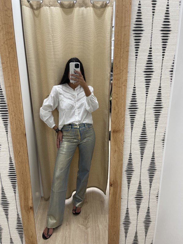 Jeans Recto Azul Con Efecto Dorado