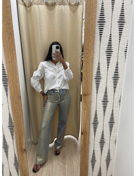 Jeans Recto Azul Con Efecto Dorado