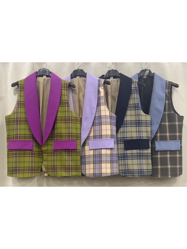Chaleco corto cuadros con solapa de color