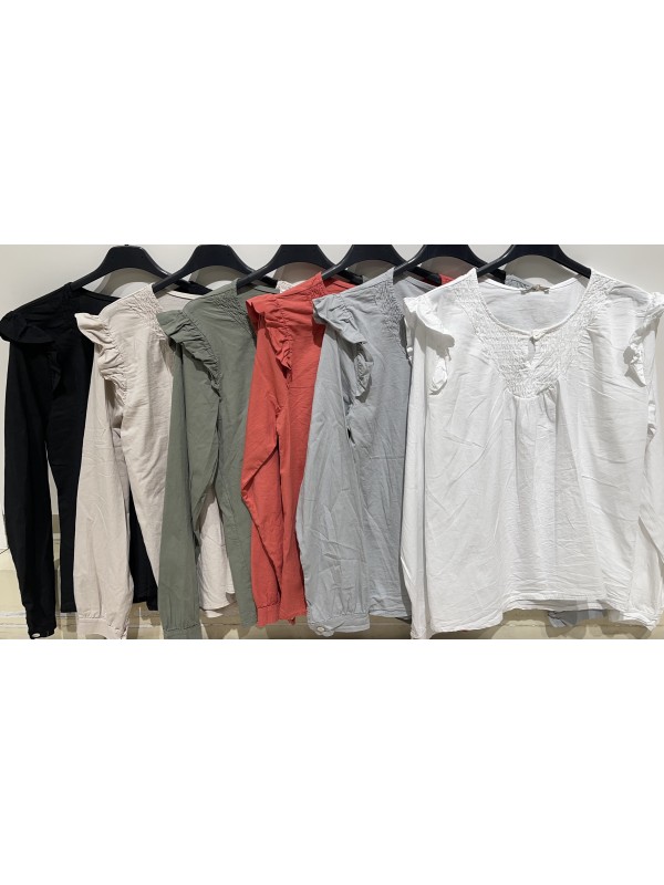 Camisa básica con volantito en hombros y escote con frunce