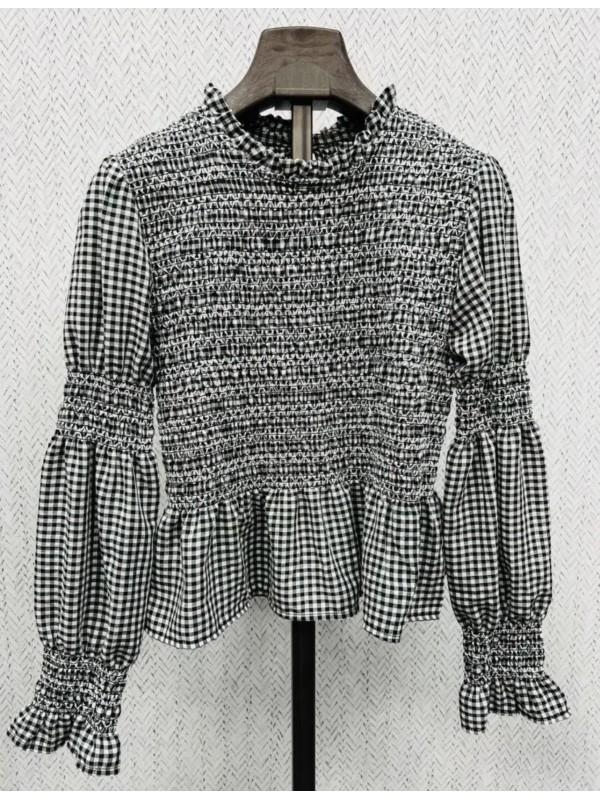 Camisa Vichy con frunce en la manga