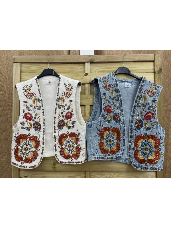 Chaleco vaquero bordado con mini lentejuelas