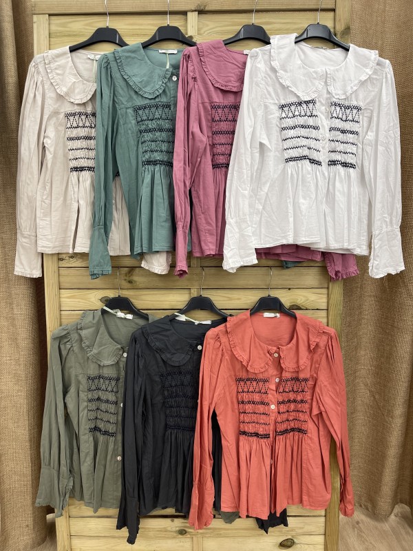 Camisa Fruncido Con Bordado Central Azul Marino