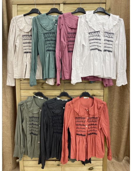 Camisa Fruncido Con Bordado Central Azul Marino