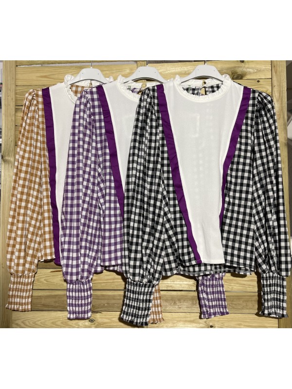 Camisa vichy con vivo buganvilla