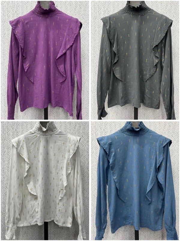 Camisa pintas doradas con cuello y volantitos