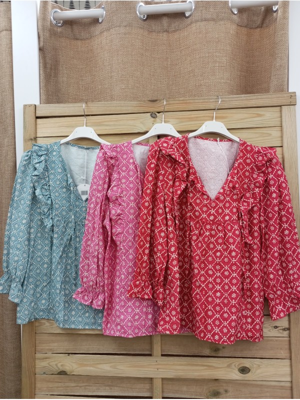 camisa con volante estampado flores
