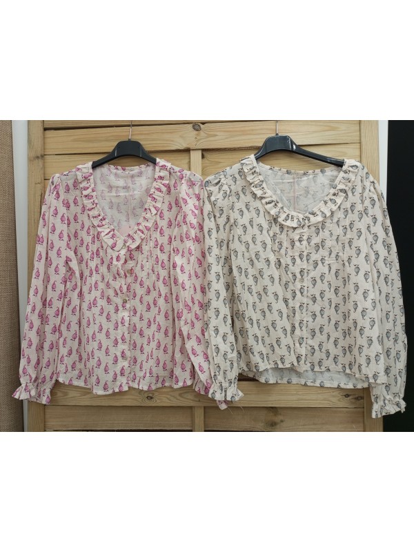 Camisa botones y volantito en cuello estampado gota