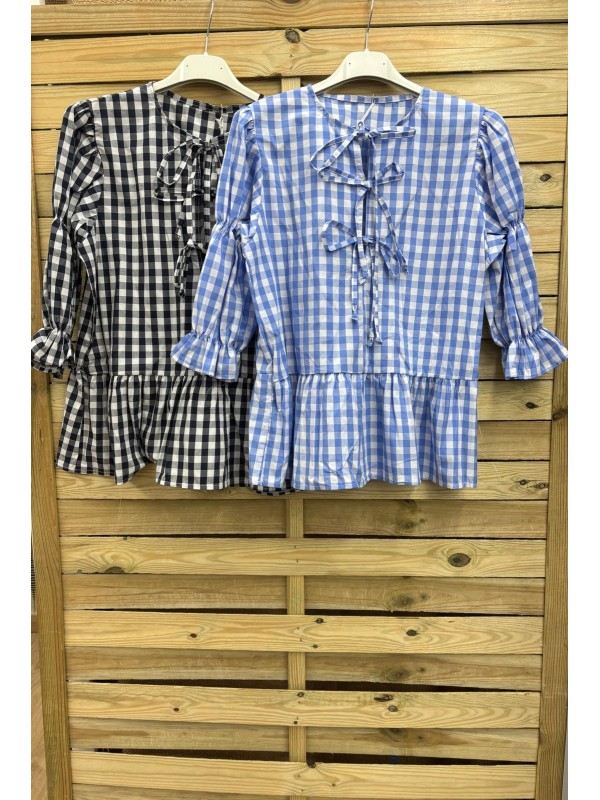 Camisa vichy triple lazo con manga fruncida