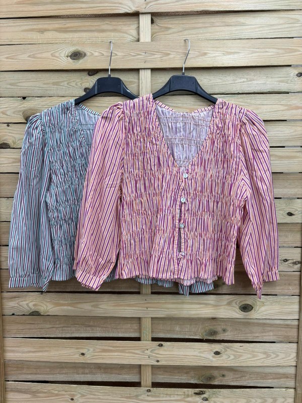 Camisa raya estrecha fruncida con botones