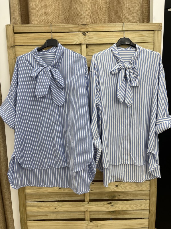 camisa rayitas celestes con lazo