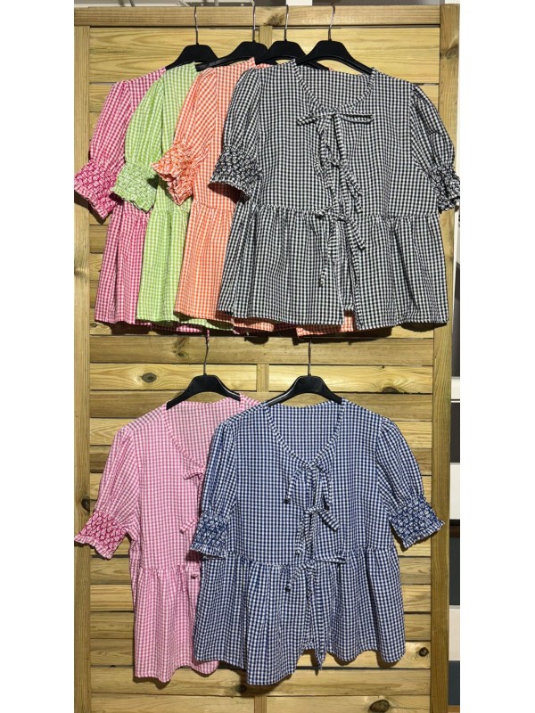 Camisa vichy lazos fruncido en manga