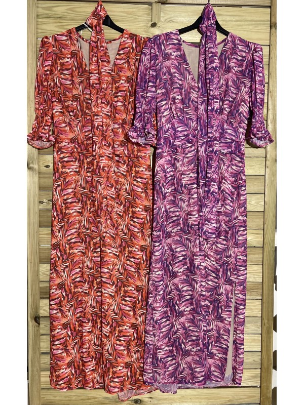 Vestido hojas de manga corta con lazo