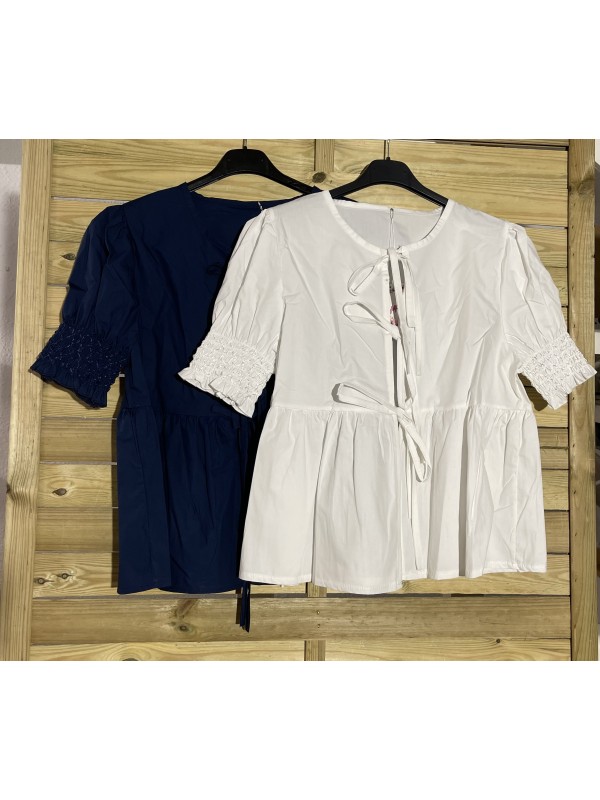 Camisa triple lazo con manga corta fruncida