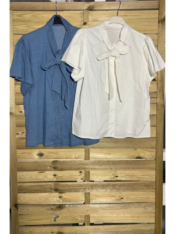 camisa vaquera con lazo y manga con vuelo