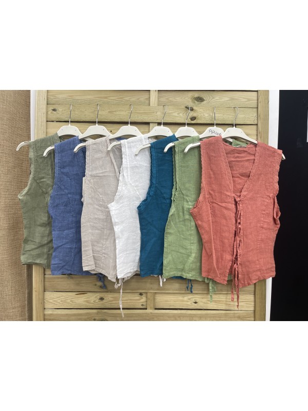 Chaleco de lino doble lazo con puntillita