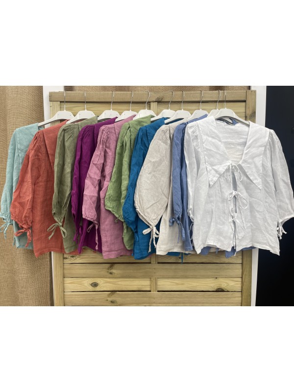 camisa lino triple lazo cuello en pico