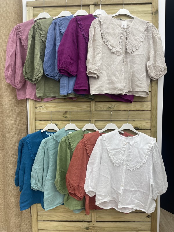 camisa lino cuello bobo con puntilla