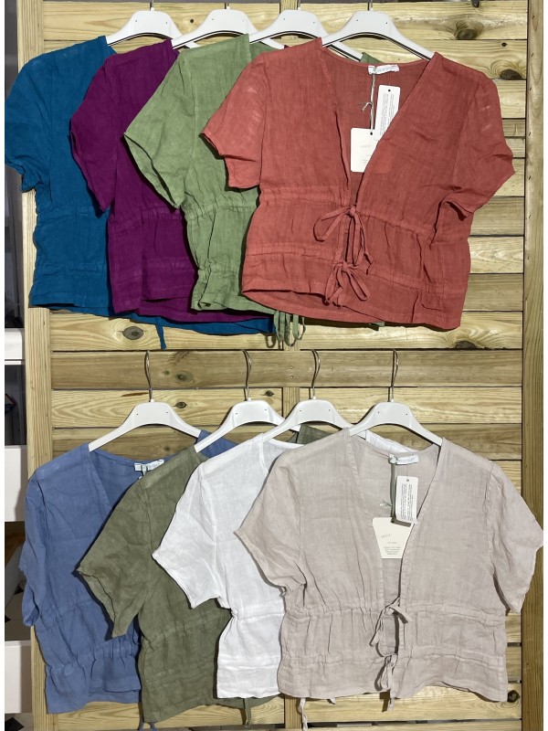 Camisa de lino de manga corta doble cordon