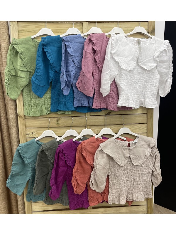 Camisa lino fruncida con maxi cuello