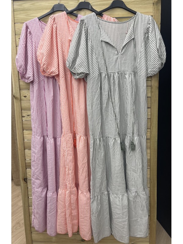 vestido de rayas manga corta con borlon