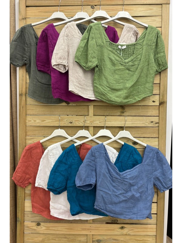 Top lino manga corta con frunce en pecho