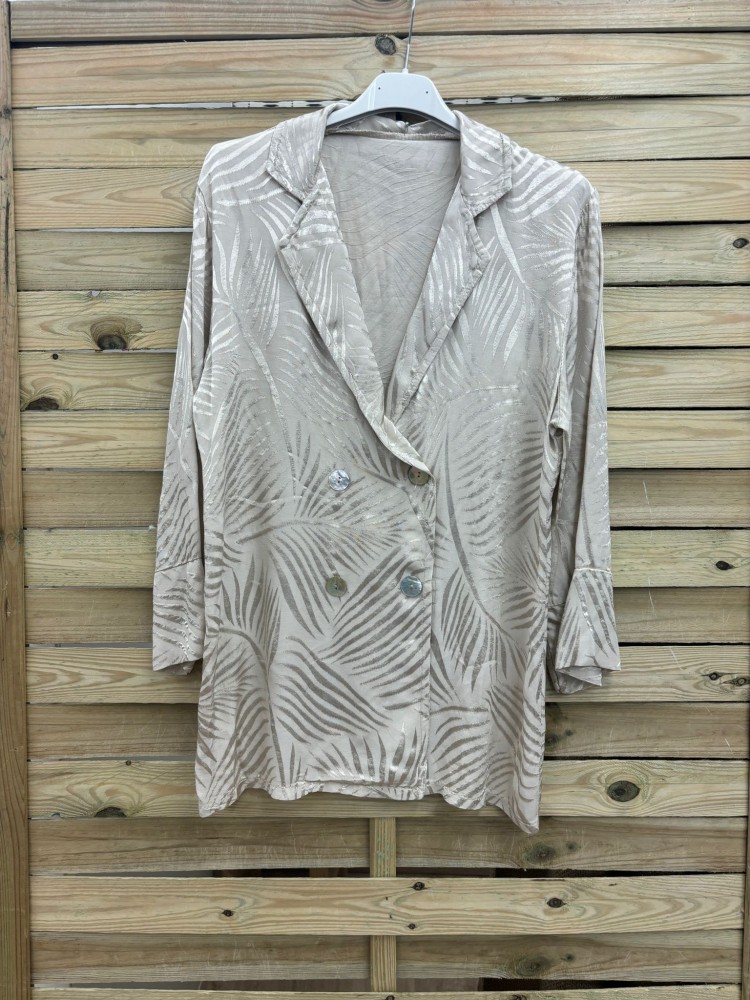 Chaqueta cruzada de saten palmeras