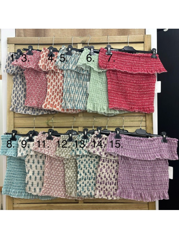 Top fruncido estampado hombros brillo