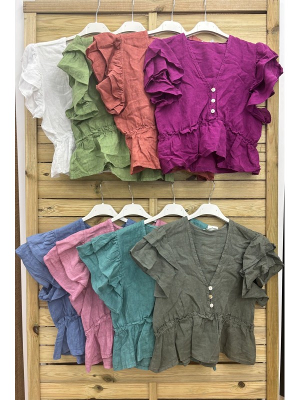 Camisa de lino con maxi volante y botones