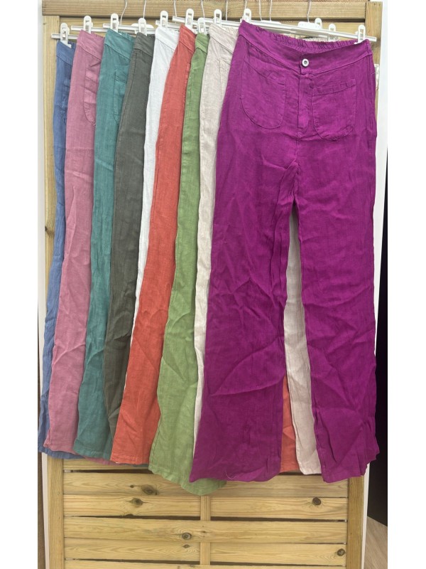 Pantalon de lino con boton y bolsillo