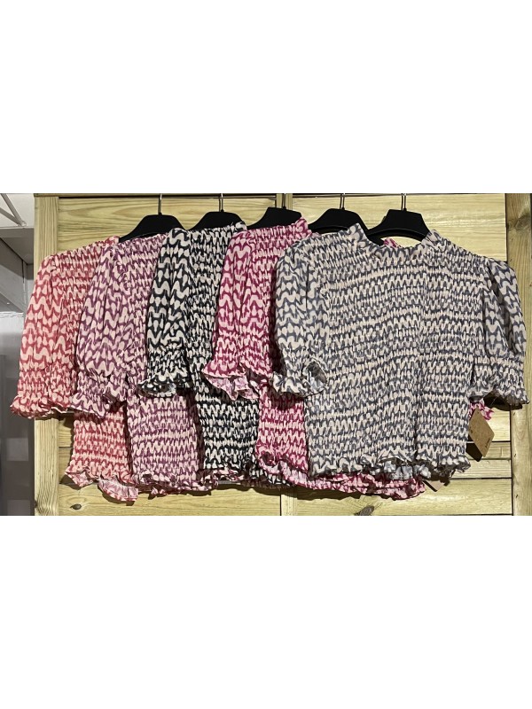 Top fruncido ondas manga francesa