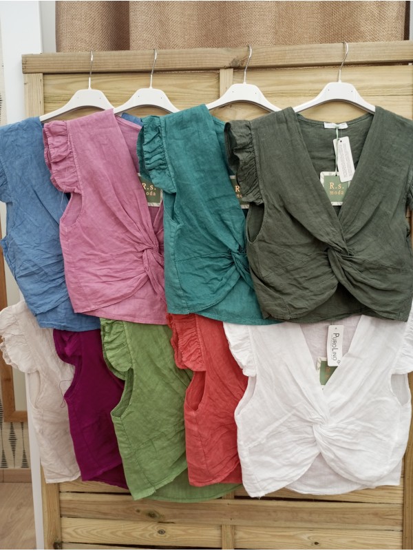 blusa de lino lisa con nudo delantero