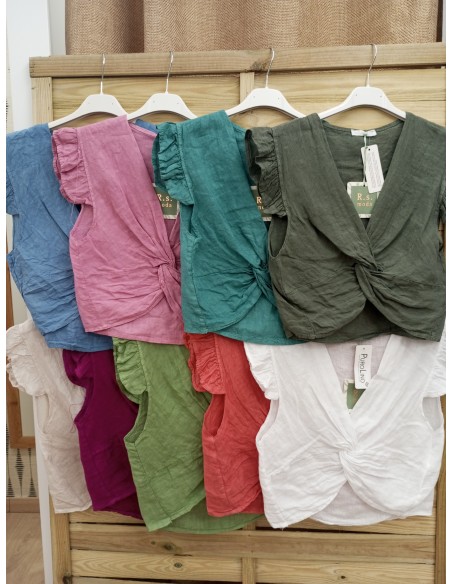 blusa de lino lisa con nudo delantero