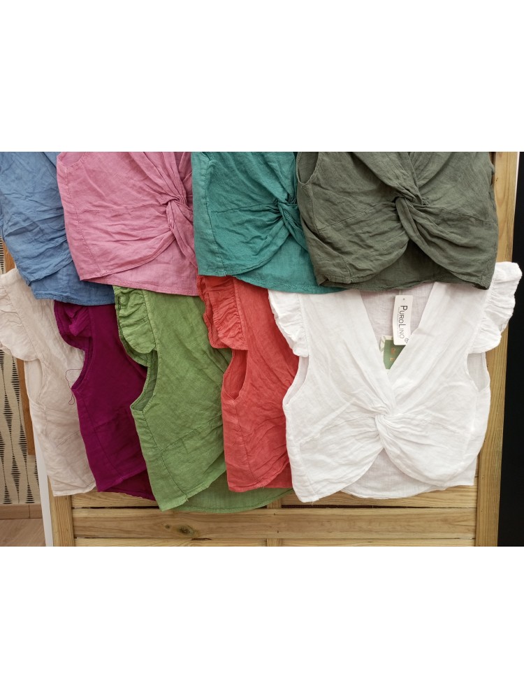 blusa de lino lisa con nudo delantero