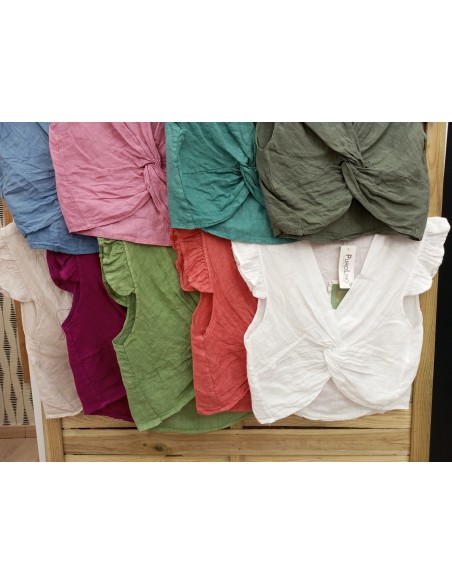 blusa de lino lisa con nudo delantero