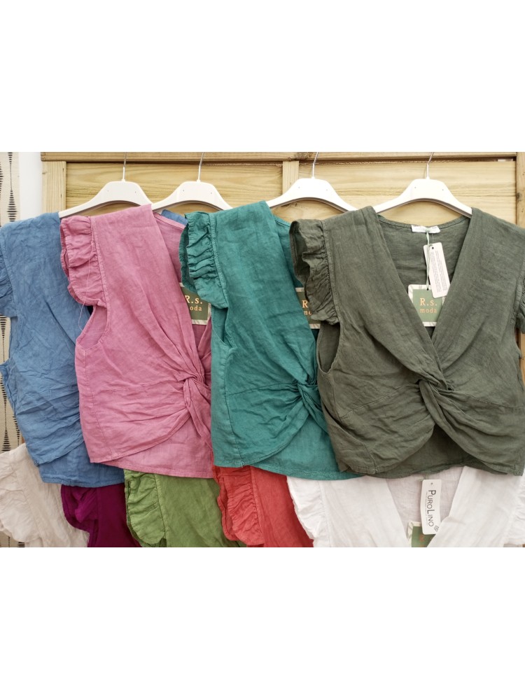 blusa de lino lisa con nudo delantero