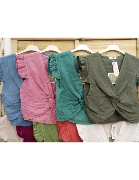 blusa de lino lisa con nudo delantero