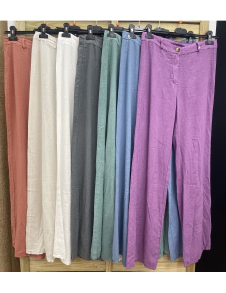 Pantalon recto de lino con boton y cremallera