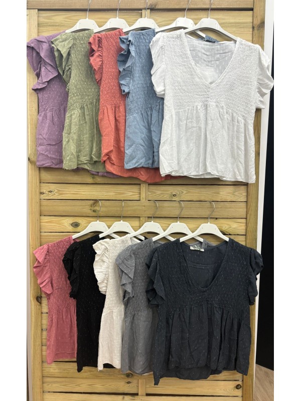 Camisa pecho fruncido hilito plata sisa