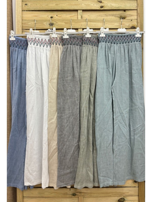Pantalon de lino cintura fruncida zig zag