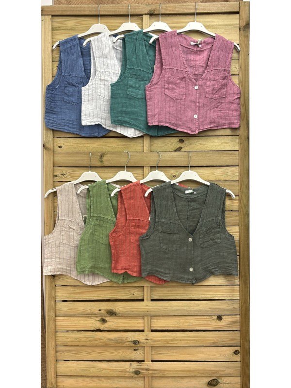 Chaleco lino raya negra bolsillos y botones