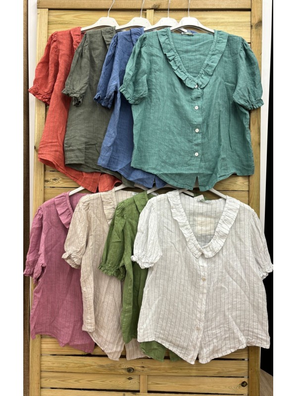 Camisa lino raya negra volantito escote