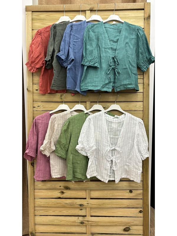 Camisa lino raya negra doble lazo