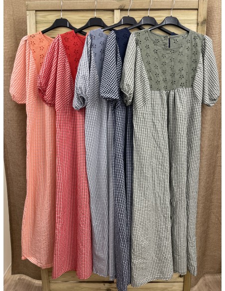 Vestido largo vichy con brocado