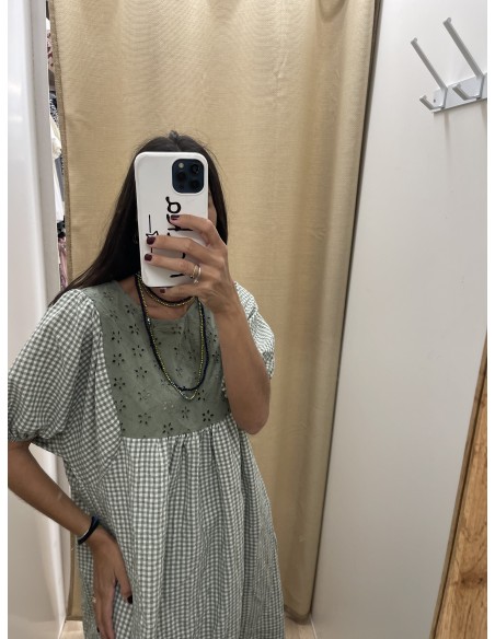 Vestido largo vichy con brocado