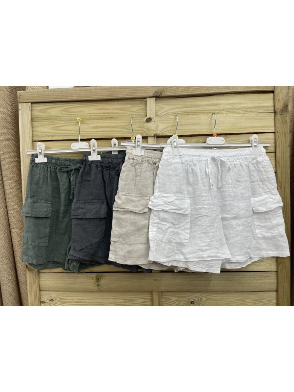 Short lino bolsillos laterales