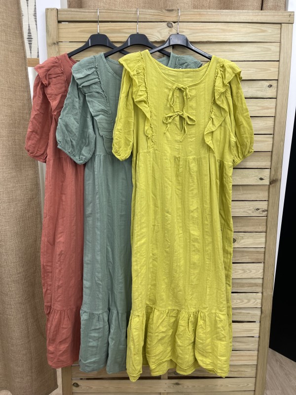 Vestido largo lino volante en hombros