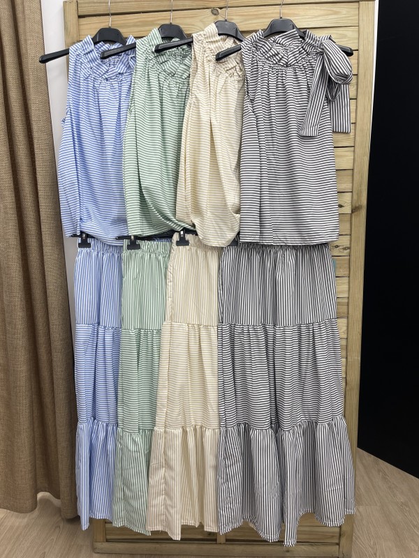Conjunto top lazo y falda midi rayas