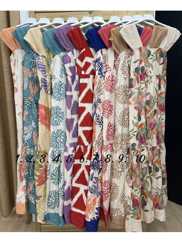 Vestido largo estampado con sisa lisa