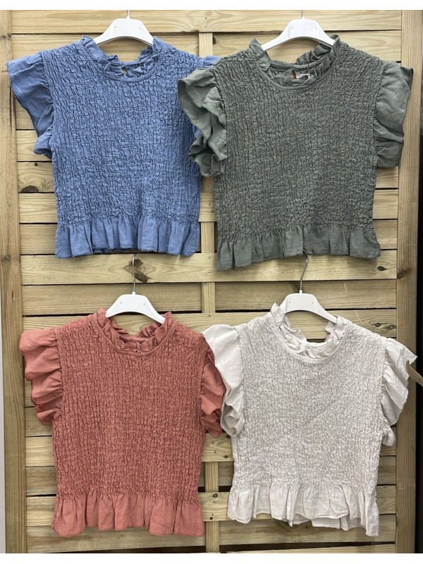 Top fruncido de lino de sisa con volantitos